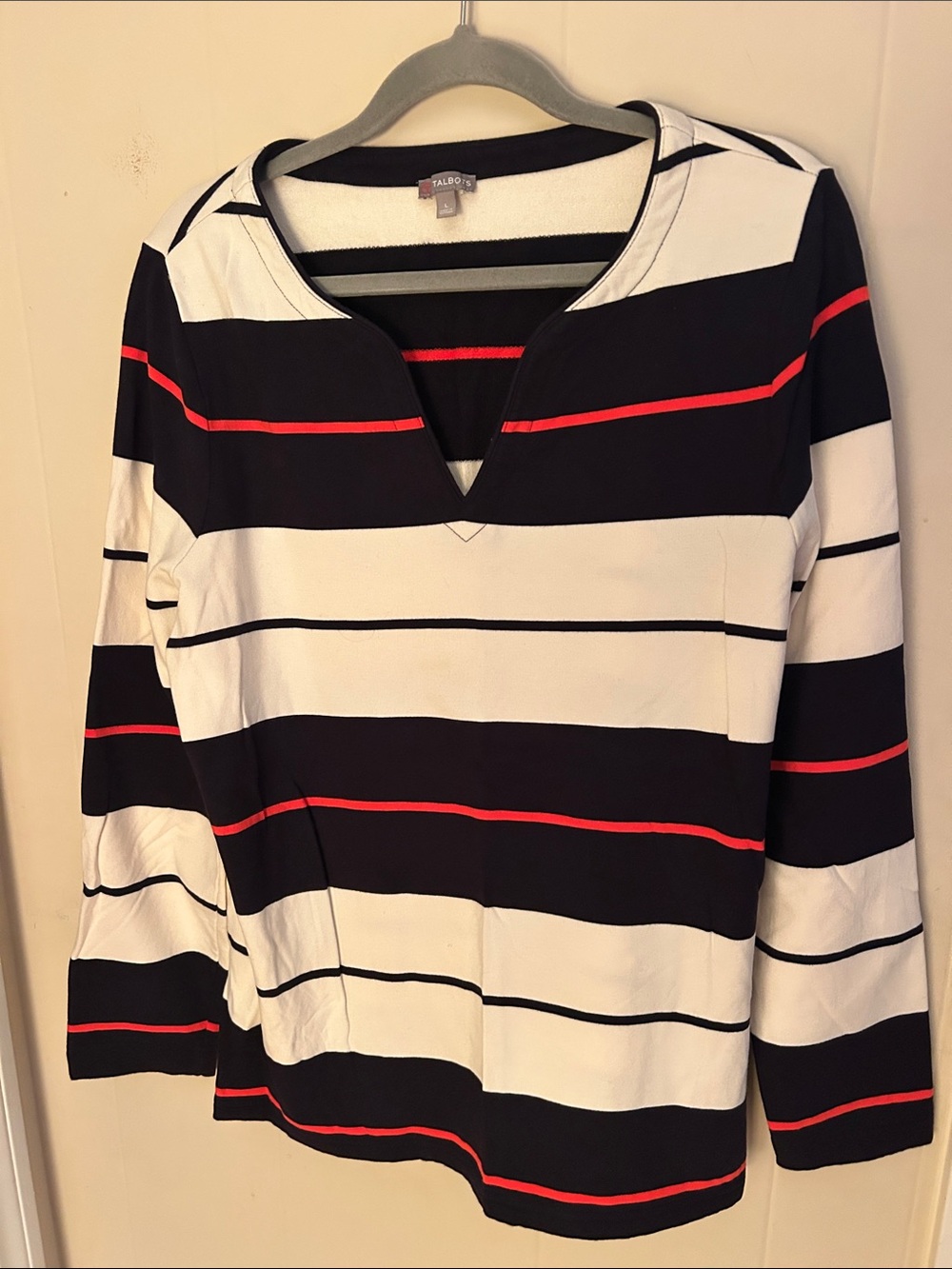 Talbots Black, White & Red Striped V-Notch Long Sleeve Top